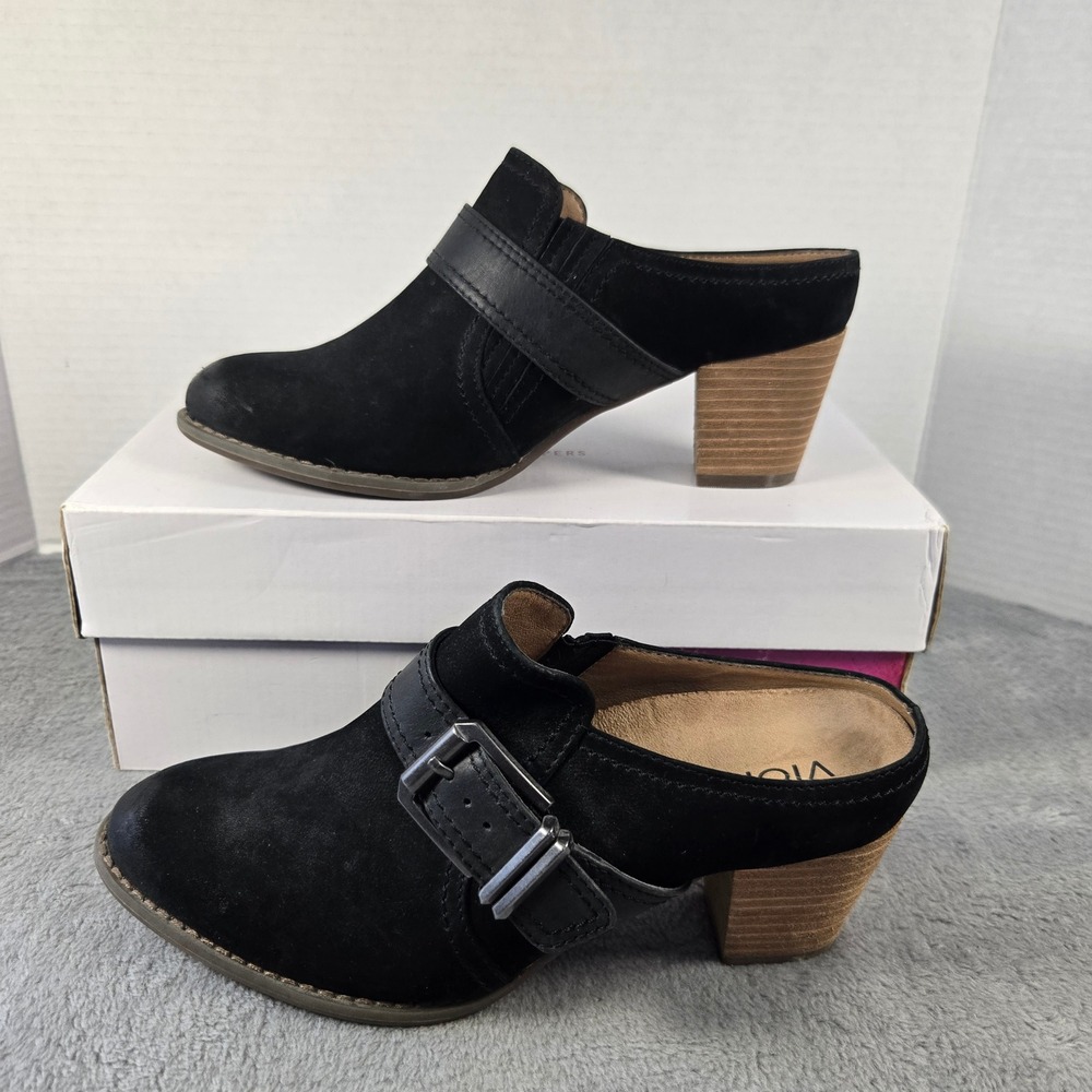 Vionic Cheyenne Black Suede Buckle Mules Heeled Clogs Women 7 371CHEYENNE